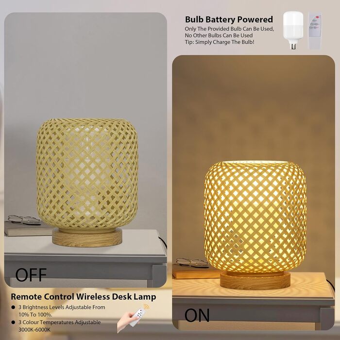 Настільна лампа Klighten з 2 предметів Ротанг з можливістю затемнення в інтер'єрі з натурального бамбука та дерева з акумуляторною