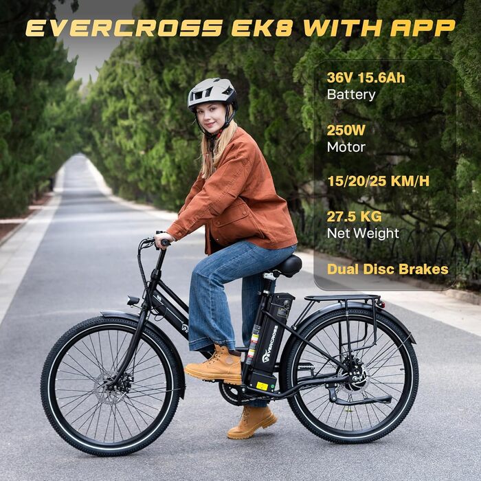 Електричний велосипед EVERCROSS EK8 для дорослих, 26-дюймовий електровелосипед - двигун 250 Вт, акумулятор 36 В 10,4 Аг, 15/20/25 км/год, максимальне навантаження 120 кг, гірський електровелосипед для жінок та чоловіків, чорний стандарт
