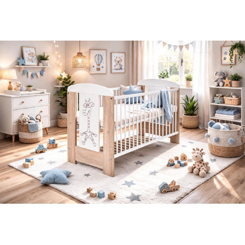 Дитяче ліжечко/ліжечко для малюків 120x60 см з масиву бука регульована висота в 3 напрямках, 3 знімні перекладини, перевірено EN 716 білий/сонома, жираф Модель Kamil