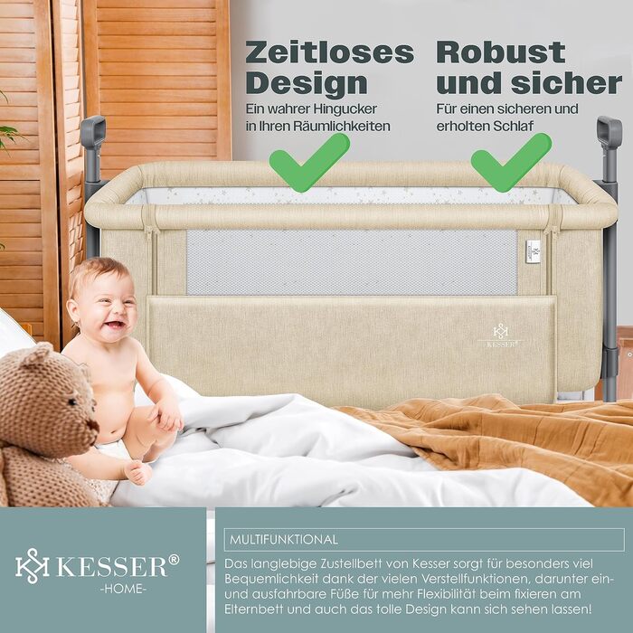 Дитяче ліжечко KESSER Hubi 3в1 для подорожей з м'яким матрацом, на коліщатках, 5-позиційне регулювання висоти, складна бічна стінк