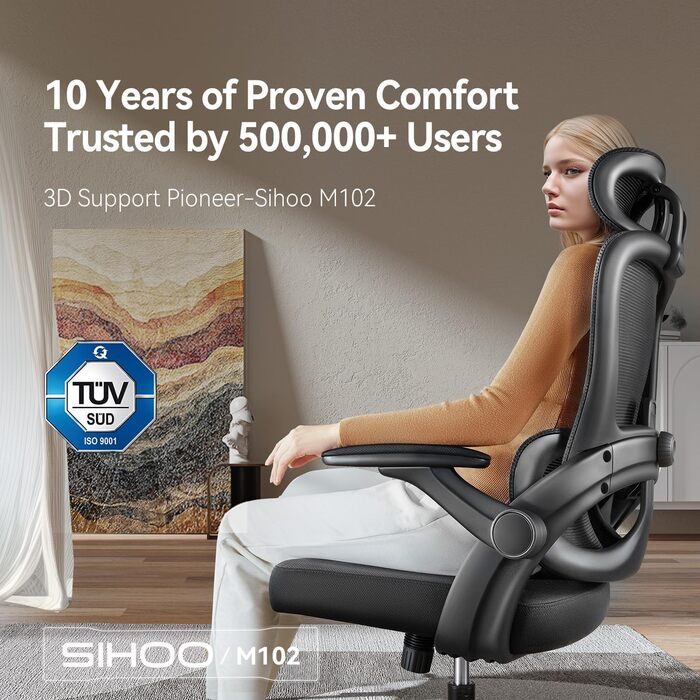 Ергономічне офісне крісло SIHOO M102C, обертове крісло з 3D-підлокітниками, висока спинка, поперекова підтримка (вгору та вниз), регулювання висоти та функція гойдання, чорне