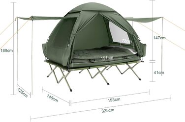 Розкладне ліжко SoBuy з тентом, 2 особи, 7-в-1 розкладний намет з повітряним насосом, мішок на колесах, спальний мішок, тент, водонепроникне кемпінгове ліжко, шезлонг для кемпінгу на відкритому повітрі, сімейний намет, зелений, 193x188x145 см, до 180 кг, 