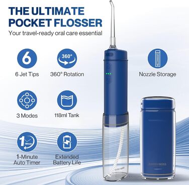 Портативний іригатор для зубів, 6 насадок у комплекті, USB-C зарядка, 3 режими тиску, ідеальний для подорожей (Колір Морський)