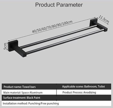Рушникосушка Чорний, Рушникосушка Свердління Нержавіюча сталь Гостьова рушникосушка Тримач для ванни Тримач для рушників для ванної кімнати Подвійний тримач для рушників для ванної кімнати та кухні, 90