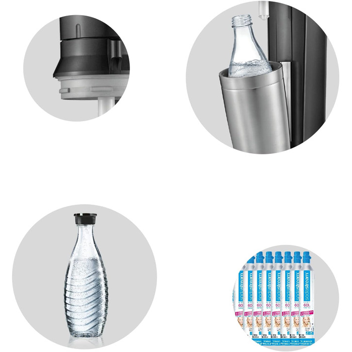 Зі скляною пляшкою для газованої води, яку можна мити в посудомийній машині, включаючи 1 циліндр і 1 скляний графин 0,6 л Колір титан/срібло, матова сталь, титан/срібло 130 см З 1 графином, 2.0