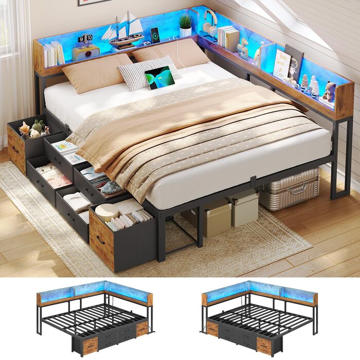 Ліжко 140x200 з місцем для зберігання речей, диван-ліжко з вбудованою книжковою полицею та 6 шухлядами, дитяче ліжко зі світлодіодним освітленням та зарядною станцією, гостьове ліжко, кушетка, каркас ліжка з рейковою основою (вінтажний коричневий, 140x200