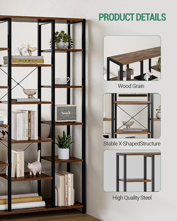 Книжкова полиця Hzuaneri, стояча полиця з 6 рівнями та 15 полицями, регульовані відкриті полиці, для вітальні, офісу, спальні, 30 x 100 x 170 см, вінтажний коричнево-чорний, BC15001B 30 x 100 x 170 см вінтажний коричнево-чорний