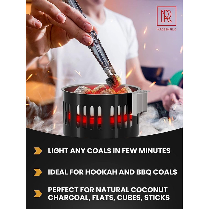 Кальянна вугільна запальничка електрична 800 Вт Turbo вугільна запальничка з дуже довгим кабелем 150 см, знімним кошиком для вугілля та 2 щипцями - Пальник для кальяну для кальянних кубиків Black Black 800w