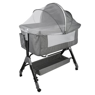 Дитяче ліжко Supfine Cododo 3-в-1 з матрацом та москітною сіткою, регульована висота, мобільна дитяча колиска для новонароджених/немовлят, ліжко Cododo з кошиком для зберігання (сірий лляний колір, 104 * 52 * 100-110 см) 104*52*100-110 см лляний сірий кол