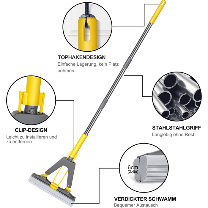 Губчаста швабра MASTERTOP, 130 см, для підлоги з 3 високопоглинаючими губками з ПВА, поглинаюча губчаста швабра з функцією віджиму