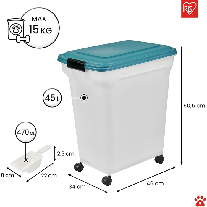 Герметичний контейнер для сухого корму Iris Ohyama ATS-L 40л/15кг, блакитно-зелений, на колесах. З лопаткою, без BPA. Для собак, котів та інших домашніх тварин.