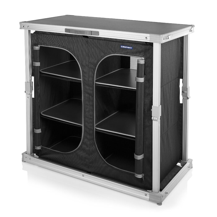 Кухня для кемпінгу Campart Toledo Легко складається 2 відділення з 3 полицями кожне 4 регульовані ніжки Антрацит KI-0758, задня, чорна 6 полиць чорного кольору
