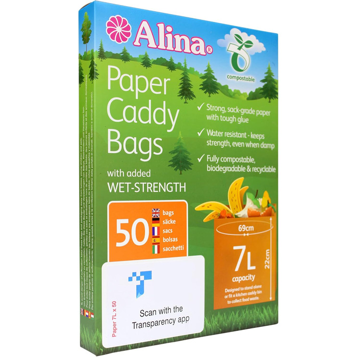 Компостований паперовий мішок для харчових відходів Alina/біорозкладний паперовий мішок об&39ємом 7 літрів, 50 x 6 - 8 л (коричневий, 50 пакетів), 50 шт. (1 упаковка)