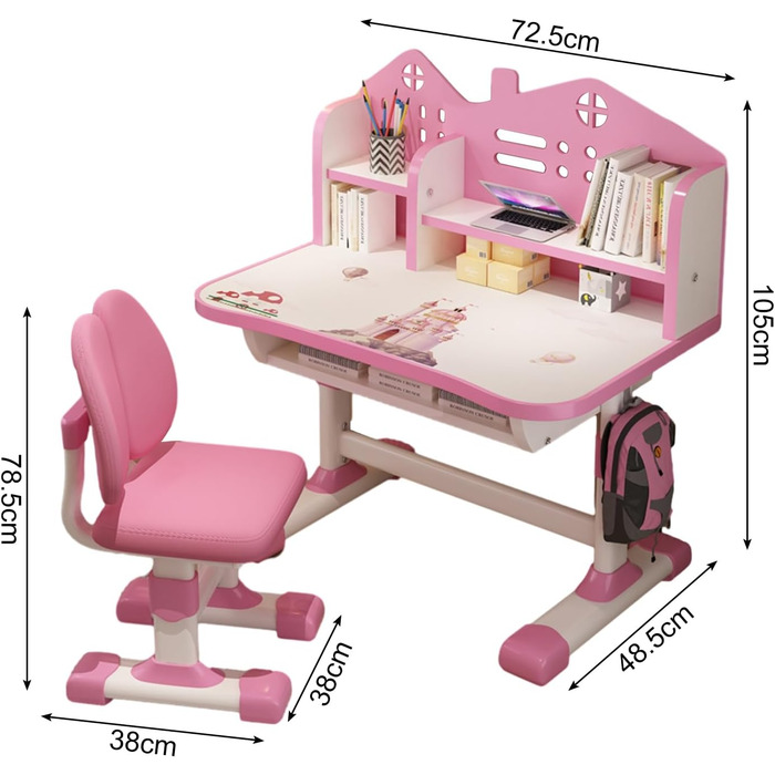 Комплект дитячого столу та стільця, Дитячий стіл з регульованою висотою, Функціональний дитячий комплект столу та стільця з шухлядою, Розширений комплект столу та стільців, Рожевий з мультяшним візерунком