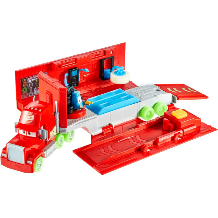 Гоночні машинки Mattel Disney та Pixar Cars, що світяться в темряві, ігровий набір Tuning Mack, іграшкова вантажівка 2-в-1, що світиться в темряві, та тюнінгова станція зі стартером, підйомником та іншим, HPX76