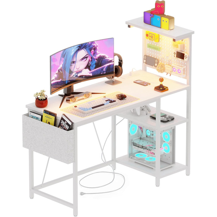 Ігровий стіл 100 x 50 см з перфорованою дошкою, розеткою, невеликим комп&39ютерним столом з двосторонніми полицями та сумкою для зберігання для домашнього офісу, білий 100 x 50 см