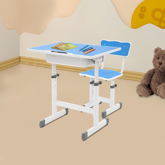 Дитячий письмовий набір, дитячий стіл з регульованою висотою (стіл 64-76 см, стілець 36-42 см), стіл з гачками, шухлядою та лотком для ручок для дітей віком 3-18 років, навчання письму та малюванню (синій, білий)