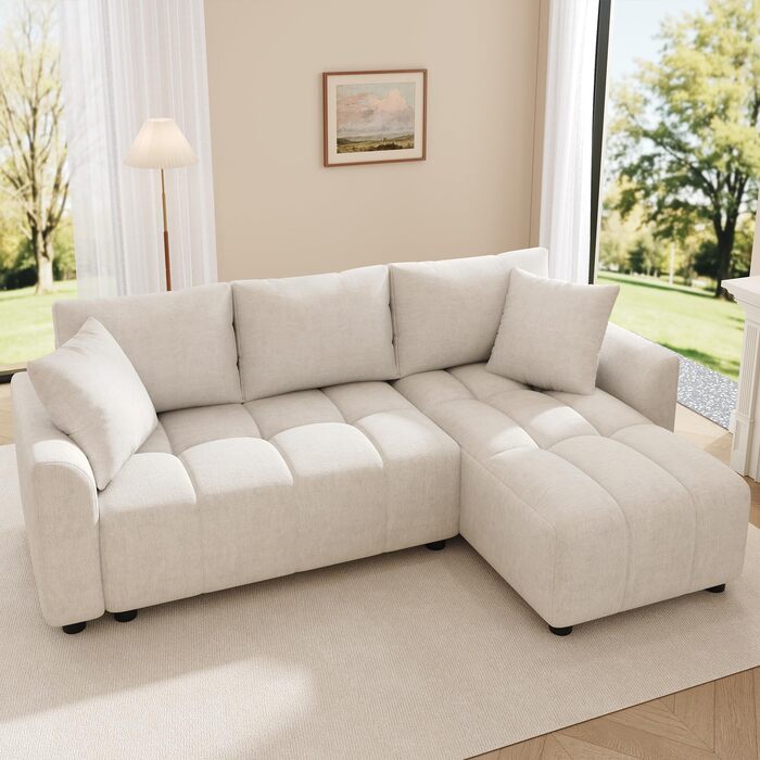 Місний диван BTM, розкладний L-подібний кутовий диван з 2 шениловими подушками, шезлонг, L-подібний диван для вітальні, бежевий S4beige, 3-