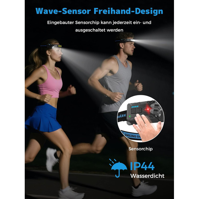 Налобний ліхтар Smiling Shark, ультраяскравий акумуляторний налобний ліхтар ємністю 2400 мАг, 2 білих світла та 2 прожектори з датчиком руху, багаторежимний світлодіодний налобний ліхтар з функцією обертання на 270 для кемпінгу на свіжому повітрі