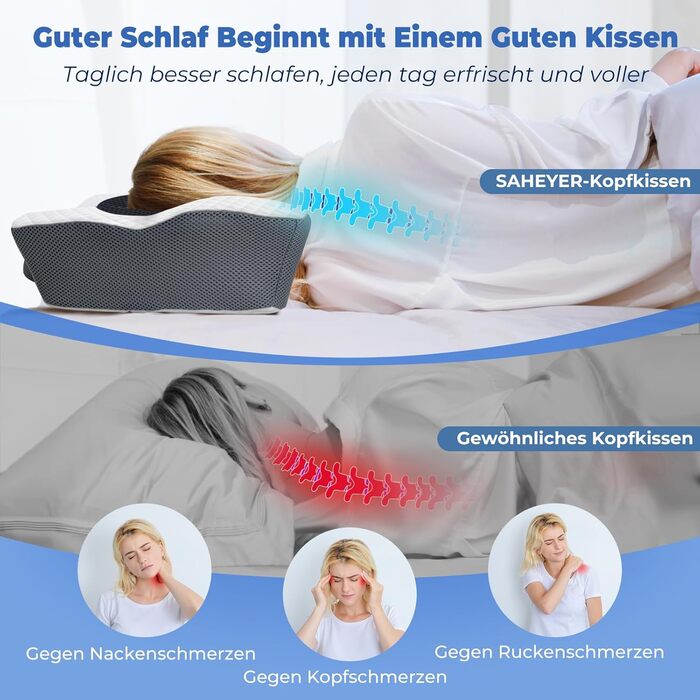 Ергономічна подушка для шиї SAHEYER, ортопедична подушка для підтримки шиї 60 x 40 x 13/11 см, подушка з піни з ефектом пам&39яті для сну на боці, спині та животі, сіра