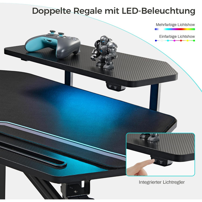 Ергономічний ігровий стіл EUREKA зі світлодіодним освітленням, великий ігровий стіл у формі крила 182x76 см, комп&39ютерний стіл з підставкою для клавіатури, 2 підставки для монітора, гачки для навушників для домашнього офісу, студії, прямих трансляцій, 1