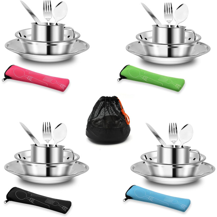 Набір столових приборів з нержавіючої сталі з 29 предметів миски, тарілки, чашки, виделки, ложки та ножі для 4 осіб, сріблястий