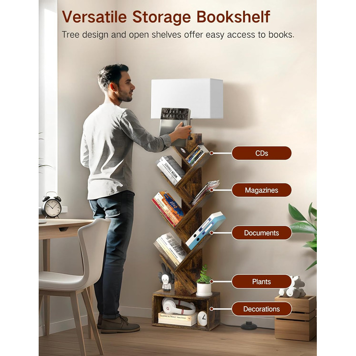 Дерев&39яна книжкова полиця у формі дерева з підсвічуванням, 6-ярусна окремостояча полиця, вузька кутова полиця з пультом дистанційного керування та таймером, невелика полиця для книг, компакт-дисків та DVD-дисків для вітальні, спальні, дитячої кімнати, р
