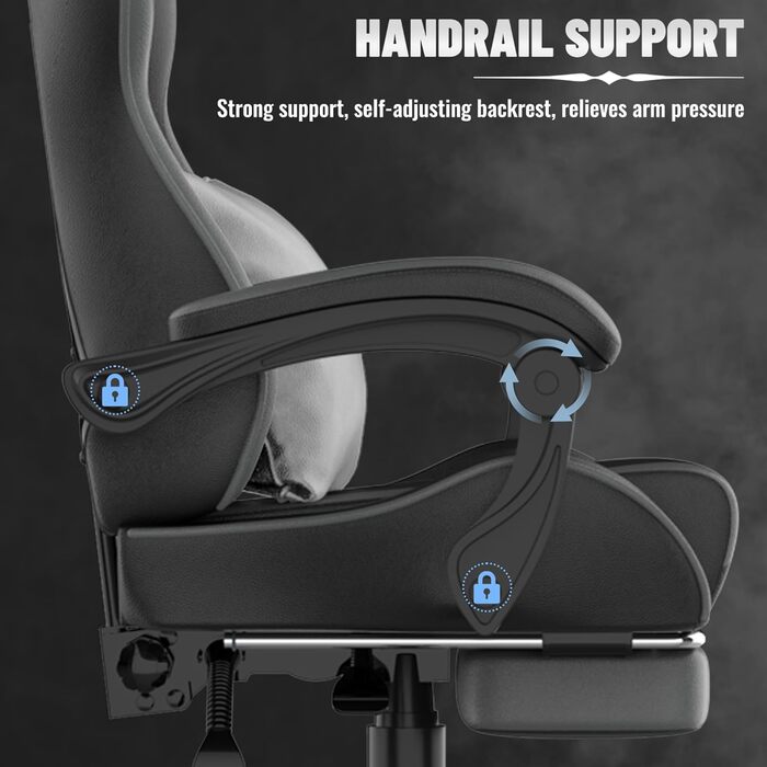 Ергономічне ігрове крісло Soontrans, ігрове крісло з пружинною подушкою, висувна підставка для ніг, підголівник, регульована висота, штучна шкіра, регульована спинка 90-135 (чорний/сірий)