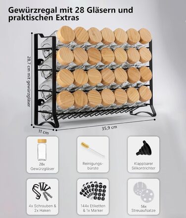 Підставка для спецій Deco haus, настінна та настінна З 28 БАНКАМИ ДЛЯ СПЕЦІЙ ТА ЕТИКЕТКАМИ - Органайзер для спецій - Органайзер для підставки для спецій - Підставка для спецій, підвісні підставки для спецій - Шафа для підставки для спецій, чорне сховище д