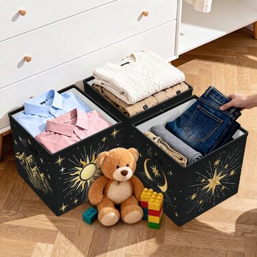 Коробка для зберігання 30 см, 3 шт. и, кошик для зберігання &quotСонце та місяць&quot, небесний, дитячий, складний, сучасний, середини століття, з ручками, куб-органайзер для зберігання іграшок, книг та одягу, чорно-золотистий