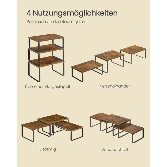 Стійка для спецій, набір із 3 кухонних органайзерів, штабелюється, розширюється, композитний метал та дерево, вінтажний коричнево-матово-чорний KCS220K02 19,5 Г x 29,7 Ш x 15,8 В см, білосніжно-білий матово-білий