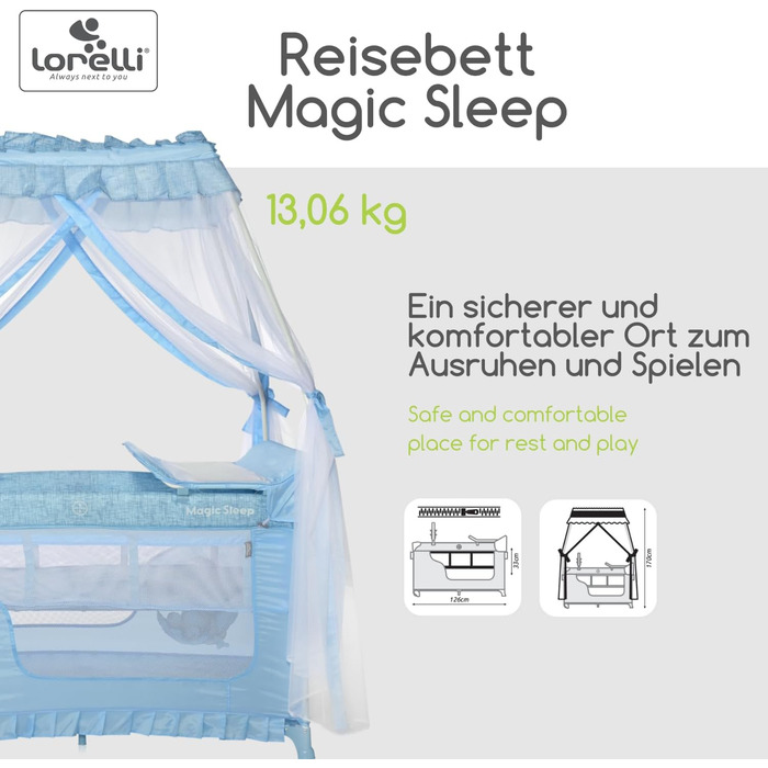 В-1 Дитяче ліжко та манеж, Ліжко-балдахін Magic Sleep з 2 рівнями, Дитяче ліжко від народження, Ліжко для подорожей, Пеленальний килимок, Колеса, Сумка, Світло-блакитний, 3-