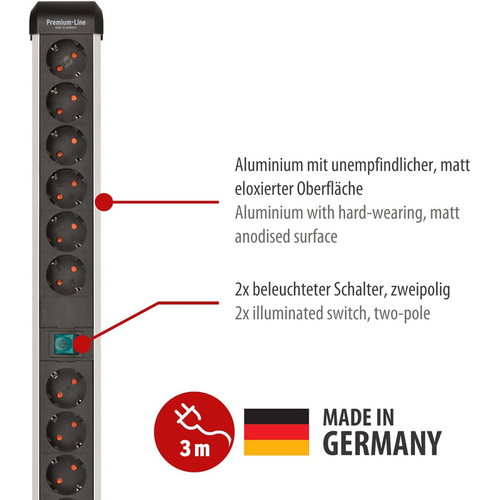 Розеткова планка Brennenstuhl Premium-Alu-Line 12-шляхова/розеткова планка з високоякісного алюмінію (розетка на декілька розеток