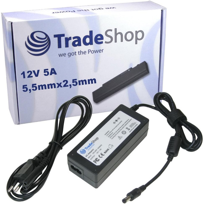 Адаптер зарядного кабелю для зарядного пристрою Trade-Shop 12V 5A 60W 5,5 мм x 2,5 мм включно Кабель живлення для світлодіодних SMD RGB стрічок до 10 м, LCD телевізорів