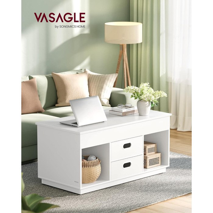 Журнальний столик VASAGLE, стіл для вітальні з регульованою висотою, 2 шухляди та приховані відділення, журнальний столик, відкриті полиці, для вітальні, домашнього офісу, білий LCT210W01