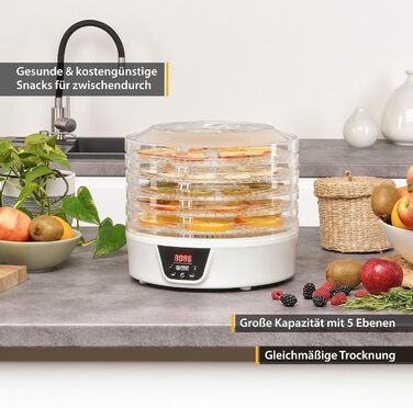 Дегідратор TZS First Austria Дегідратор для фруктів, трав, грибів і м'яса цифровий з таймером і регулятором температури 35-70C 5 рівнів, полиці з інкрустацією без бісфенолу А, дегідратор з таймером