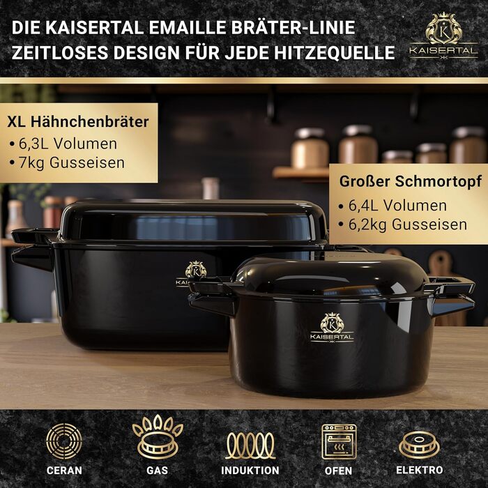 Чавунна каструля KAISERTAL - емальована каструля 26 см з кришкою 4,8 л та чавунна каструля 1,8 л - чавунна жаровня з кришкою індук