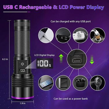 Ультрафіолетовий ліхтарик WINDFIRE 30 Вт, акумуляторна УФ-лампа Blacklight 365 нм, детектор сечі домашніх тварин, сильне ультрафіолетове світло для полювання на бурштин, скорпіонів, смоли, юперлайт, уранове скло