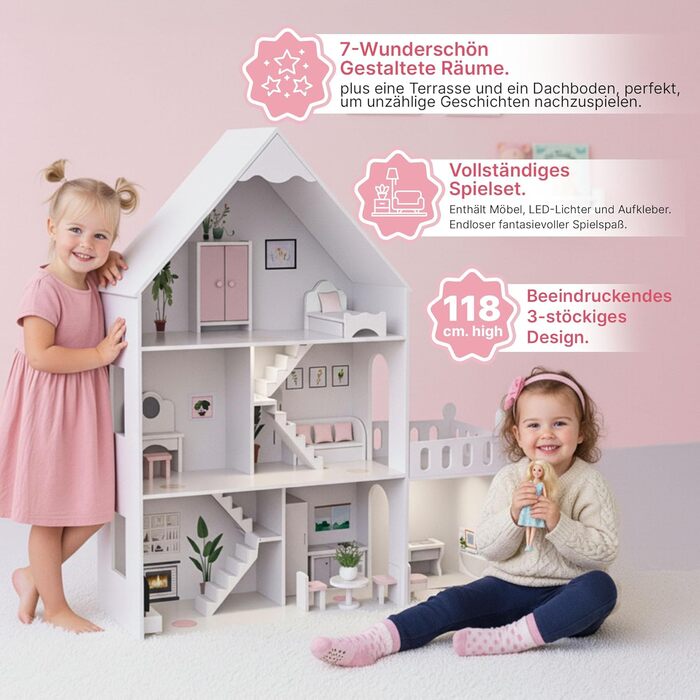 Дерев&39яний ляльковий будиночок Барбі, великий 118 см Kinderplay 3-поверховий ляльковий будиночок для дітей з меблями, світлодіодними лампами, наклейками та аксесуарами сучасний дерев&39яний ігровий будиночок, подарунок для дітей віком від 3 років, білий