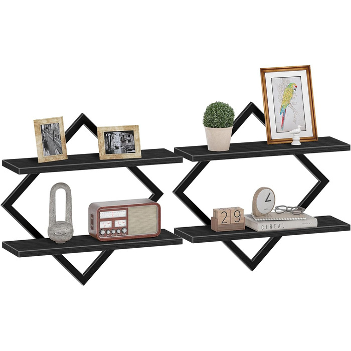 Настінна полиця, комплект з 2 шт., плаваюча полиця, 2-рівневі підвісні полиці, для вітальні, спальні, кухні, офісу, чорна DTBJ01P2BB 2 Чорний
