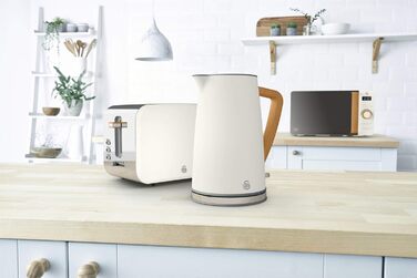 Чайник для сніданку Swan Nordic Set, бездротовий, 1,7 л, 2200 Вт, широкий слот, 2 диски, 3 функції, сучасний дизайн, вигляд під дерево, білий
