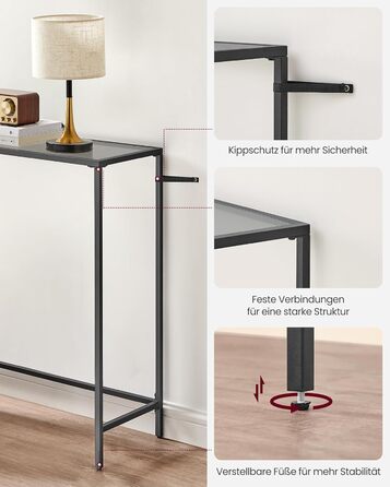 Консольний столик VASAGLE, бічний столик, стільниця із загартованого скла, сучасний диван-столик, легке складання, регульовані ніжки, вітальня, передпокій, чорно-сланцево-сірий LGT132B01 Чорно-чорний шиферно-сірий 1 рівень (20Г x 100Ш см)