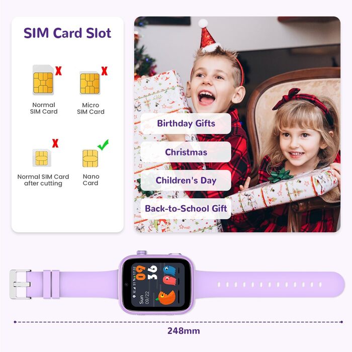 Дитячий смарт-годинник з функцією відеодзвінків та телефону, дитячий годинник з GPS, голосовим чатом, WhatsApp, WiFi, SOS, SMS, шкільним режимом, крокоміром, водонепроникний IP68, будильник, дитячий смарт-годинник для дівчаток/хлопчиків, фіолетовий/фіолет