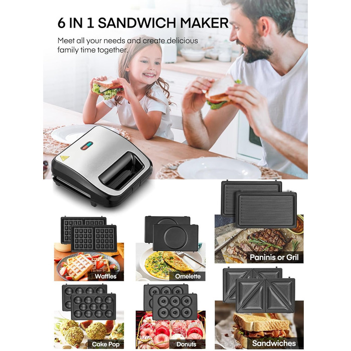 Бутербродниця FOHERE 6 в 1, вафельниця, контактний гриль, паніні, солодкі тістечка, антипригарне покриття для легкого очищення, двостороннє випікання при постійній температурі, без бісфенолу А, 750 Вт