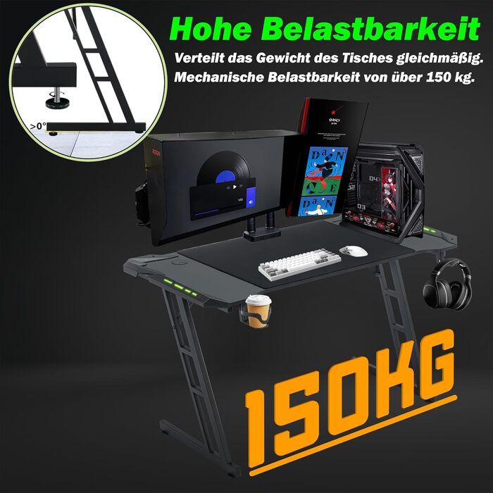 Ігровий стіл Froadp зі світлодіодним підсвічуванням, 120x60 см, Z-подібний ігровий стіл для ПК, чорна вуглецева поверхня, ергономічний комп&39ютерний стіл з підставкою для чашок та гачками для навушників, вантажопідйомність 150 кг, 120 см, з RGB-світлодіо