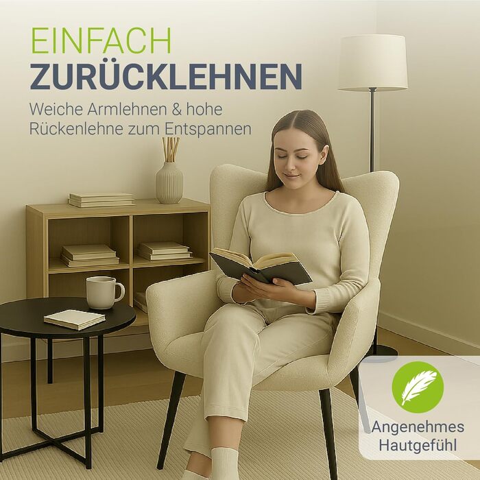 Крісло-підлокото Juskys Odense без пуфа, реклайнер з тканиною букле, скандинавський стиль, висока спинка та оббивка, сталевий каркас бежевий букле - бежевий без пуфа