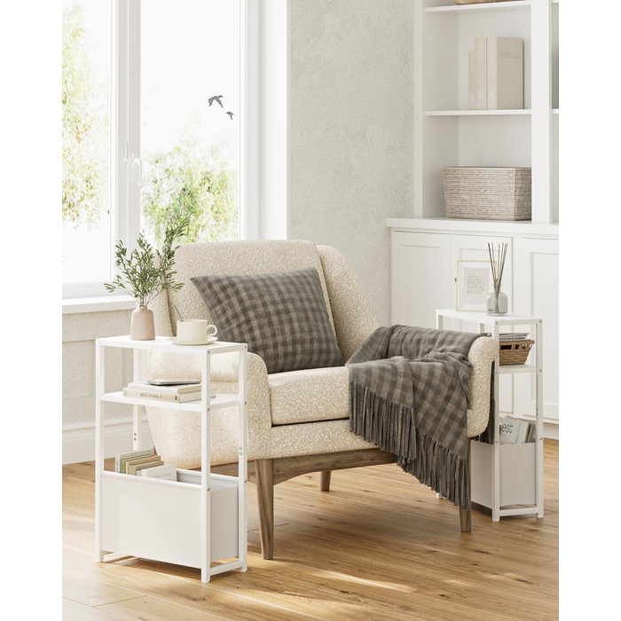 Журнальний столик з місцем для зберігання речей, 3-ярусний вузький журнальний столик з сумкою, вузька тумбочка, маленький журнальний столик для невеликих приміщень, спальня, вітальня, офіс (білий)