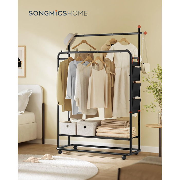 Вішалка для одягу на колесах, Підставка для гардеробу, 2 рейлінги для одягу, Полиця, Бічний органайзер, Гачки у формі сірників, Міцна, Спальня, Коридор, Чорний колір HSR171B01 50Г x 189.6В см