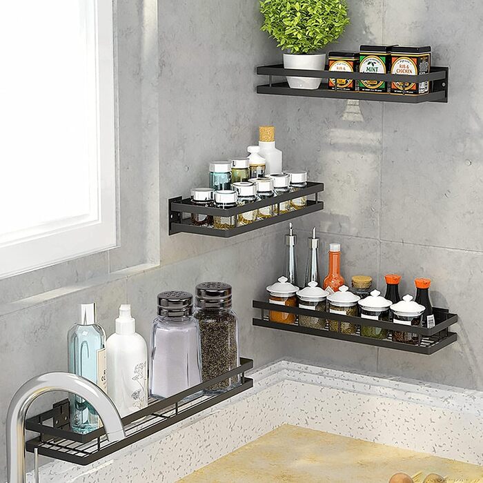 Настінна полиця для спецій, не потребує свердління, комплект з 2 шт. з кухонною штангою, підвісна кухонна полиця, полиця для спецій на дверцята шаф, полиця для душу з нержавіючої сталі для кухні, ванної кімнати, балкону, 35 x 12 x 5,7 см, чорна