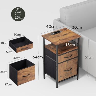 Приліжкова тумба WLIVE з функцією зарядки, бічний столик з 2 USB-портами та 2 розетками, 3-ярусна тумба для спальні, вітальні, офісу (колір рустик-коричневий)